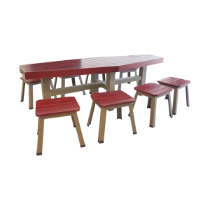 Factory-customised table and chair sets, Steel and wood picnic table and chair sets