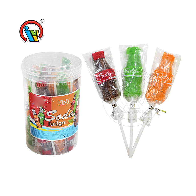 Hot selling customized cola shape gummy lollipop candy supplier