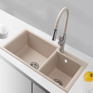 Stone Double Bowl Undermount Kitchen Sink, Low Divide for More Workspace