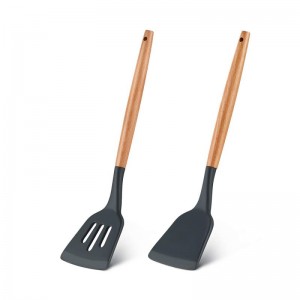 Suncha Utensils 2 Pieces Silicone Slotted Turner and Spatula Set with Wood Handle