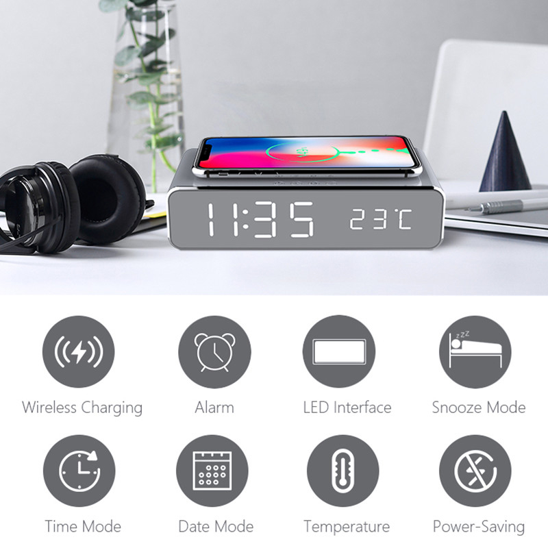 Vnew Factory Price Hot Sell Led Digital Fast Charging Wireless Charger With Alarm Clock And Temperature For Mobilephone