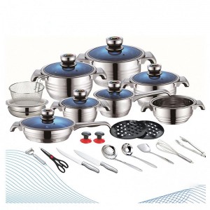 stainless steel wide edge thermos hot sell 30  40  50  60  80 pcs induction cookware set with blue glass lid