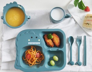 Creative dinosaur cartoon children tableware tableware set baby food supplement bowl household wheat fiber plate plastic dinner plate
