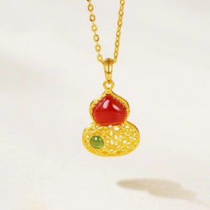 18k yellow gold gourd necklace pendant ancient red agate filigree hollow splendid Fulu pendant wholesale jewelry china yiwu agent