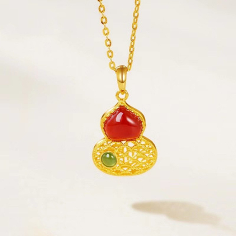18k yellow gold gourd necklace pendant ancient red agate filigree hollow splendid Fulu pendant wholesale jewelry china yiwu agent