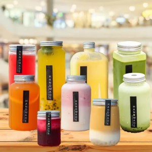 500ml PET Plastic Clear Square Shaped Wide Month Beverage Bottle with Aluminum Cap for Juice Boba Tea Beverage Packing