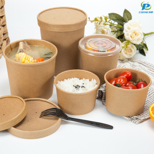 Wholesale Discount China Salad Bowls Disposable Brown Paper Bowls Takeaway Takeaway Boxes Soup Buckets Bowls Round Soup Bowls Roast Rice Bowls with Lid to Order