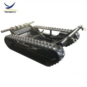 Custom rubber track undercarriage with structural frame platform for fire-fighting robot bulldozer transport vehicle