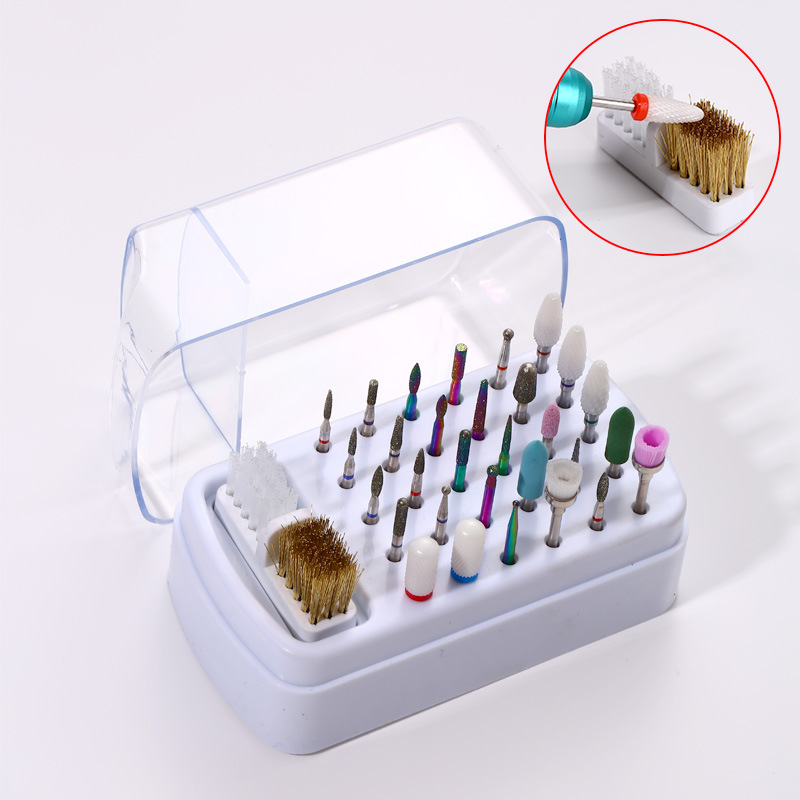 30 Holes Nail Polishing Head Storage Box Anti-dust Cover with Cleaning Brush Head