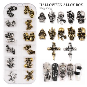 12 rutenett metall ornamenter Halloween sett spøkelse klo hodeskalle edderkopp manikyr rhinestone sett