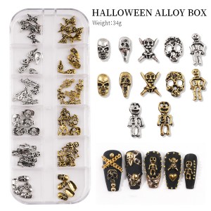 12 grid perhiasan logam Set Halloween cakar hantu tengkorak labah-labah manicure set berlian buatan