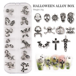 Conxunto de 12 adornos metálicos de cuadrícula de Halloween, garra fantasma, calavera, araña, manicura, con diamantes de imitación