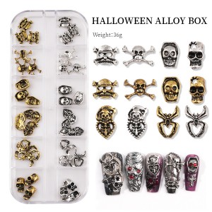 គ្រឿងតុបតែងដែកក្រឡាចត្រង្គចំនួន 12 ឈុត Halloween ឈុតខ្មោច ក្រញ៉ាំជើង ពីងពាង manicure rhinestone set