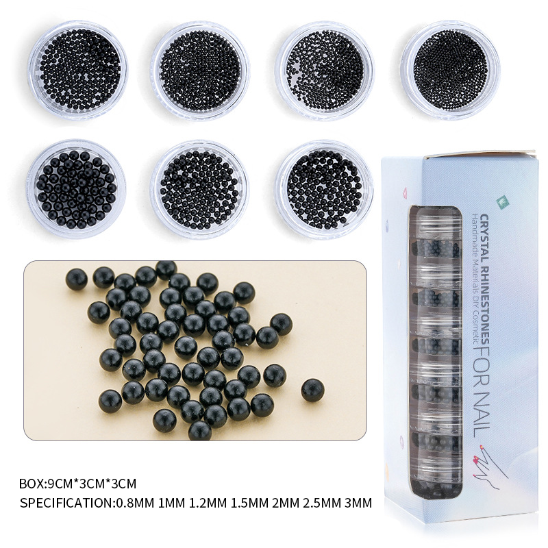 New 7-grid gold, silver, and black multi-size nail art steel ball combination for nail art decoration products with customizable packaging boxes