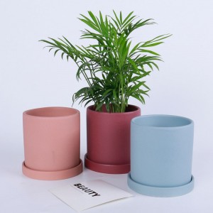 solid color classic cylindrical planter pot with tray