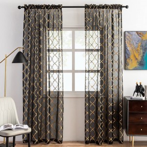 Black and Gold Curtains 108 Inch Length, Printed Glitter Gold Foil Geometric Moroccan Black Sheer Curtains