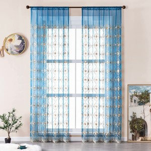 Embroidery Beige Sheer Curtains Rod Pocket Sheer Drapes for Living Room Bedroom Vintage Semi Crinkle Voile Window Treatments