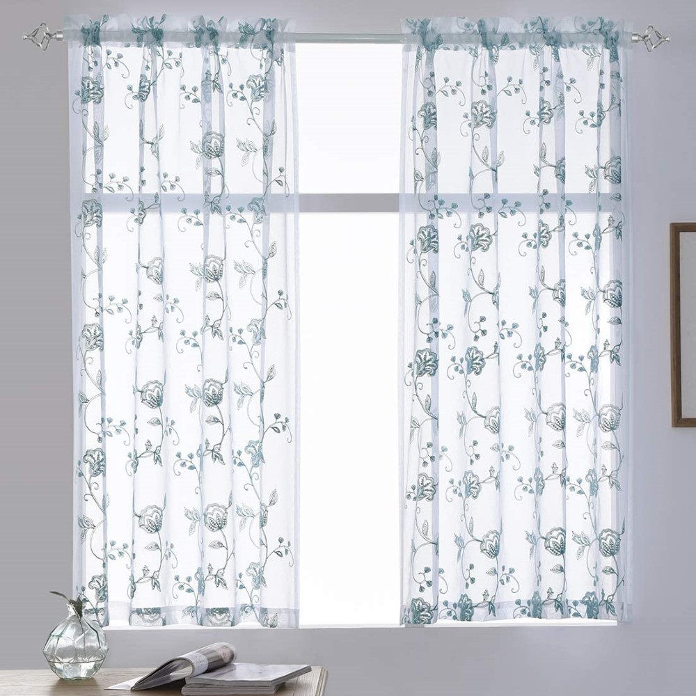 Chinese wholesale Curtain For Living Room Finished Embroidery Fabric - Blue Sheer Curtains Embroidery  Rod Pocket Voile Drapes for Living Room Bedroom Window Treatments Semi Flower Pattern Curtain...