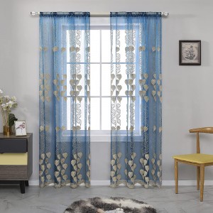 Gold Teal Embroidery Leaves Top Pocket Sheers Curtains for Living Room Bedroom Voile Drape Embroidered Botanical Semi Sheer