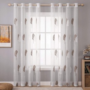 2 Panels Leaves Embroidery Sheer Curtains Grommet Window Curtain Semi Voile Drapes Panels for Living Room Bedroom