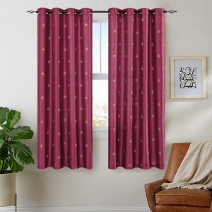 Blackout Curtains for Living Room Bedroom Faux Silk Unlined Window Curtain with Fleur De Lis Embroidery Detail Grommet Top Burgundy Red