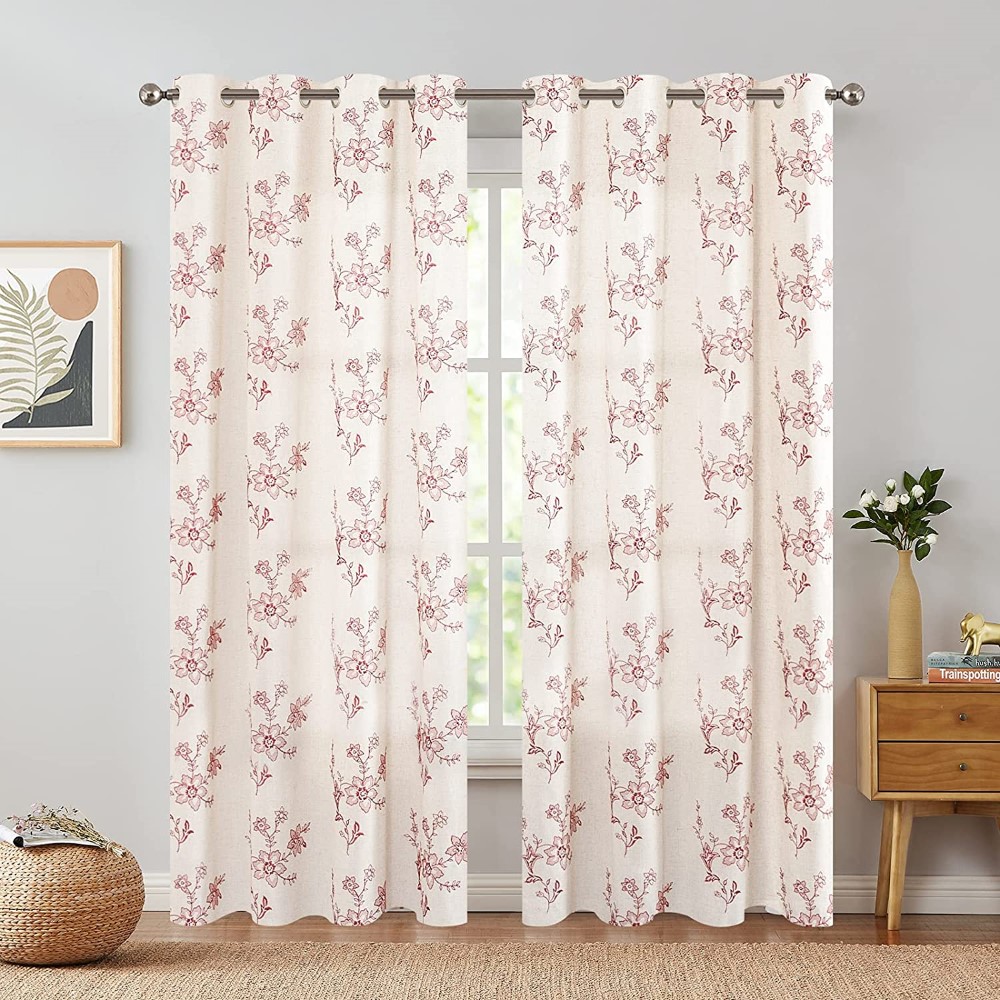 Linen Textured Pink Window Curtains Floral Embroidery Design Living Room Curtain Panels Bedroom Grommet Window Drapes