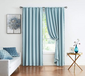 Pom-Pom Blue Curtains Living Room 84 inches Thermal Insulated Room Darkening Curtain Panels for Bedroom Window Draperies