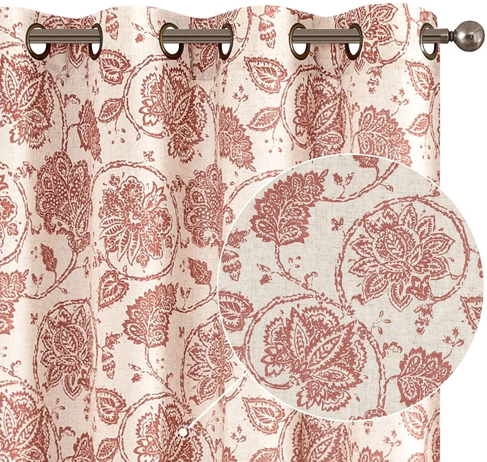 Dairui Textile Printed Linen Curtains Grommet Top – Medallion Design Jacobean Floral Curtains Burlap Vintage Kitchen Drapes Poppy Red on Beige