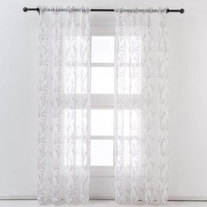 White Sheer Purple Branch Curtains for Living Room – Rod Pocket Embroidery Tree Leaf Pattern Sheer Curtains Light Filtering Privacy Voile Drapes