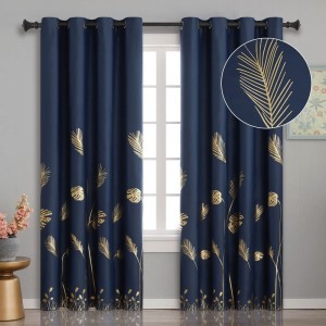Navy Blue and Gold Blackout Curtains with Palm Tree Wheat Pattern Light Blocking Room Darkening Window Curtain Panels
