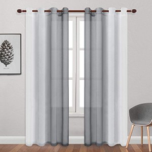 Grey Faux Linen Ombre Sheer Curtains – Semi Voile Gradient Grommet Top Curtains for Bedroom and Living Room, Set of 2 Window Curtain Panels