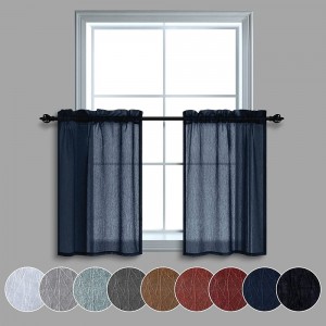 Dairui Textile 30 Inch Length Short Curtain Panels for Small Window Navy Blue Light Filtering Faux Linen Textured Sheer Curtain