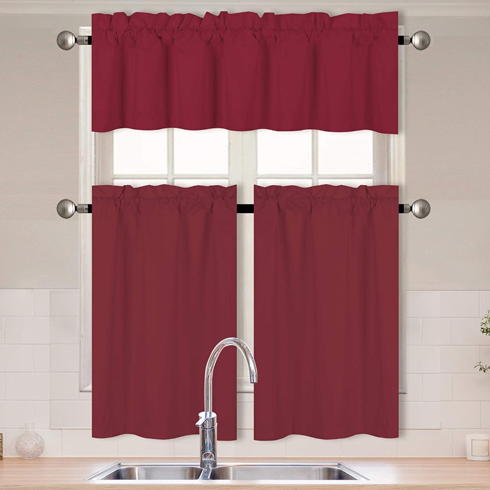 Dairui Textile 3 Pieces Solid Color Kitchen Window Treatment Curtain Set Tier and Valence with Rod Pocket Microfiber 100% Sunlight Blackout Drapes Featured Image