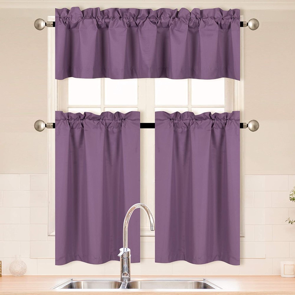 Tier and Valence with Rod Pocket Microfiber Blackout Drapes  3 Pieces Solid Color Kitchen Window Treatment Curtain Set