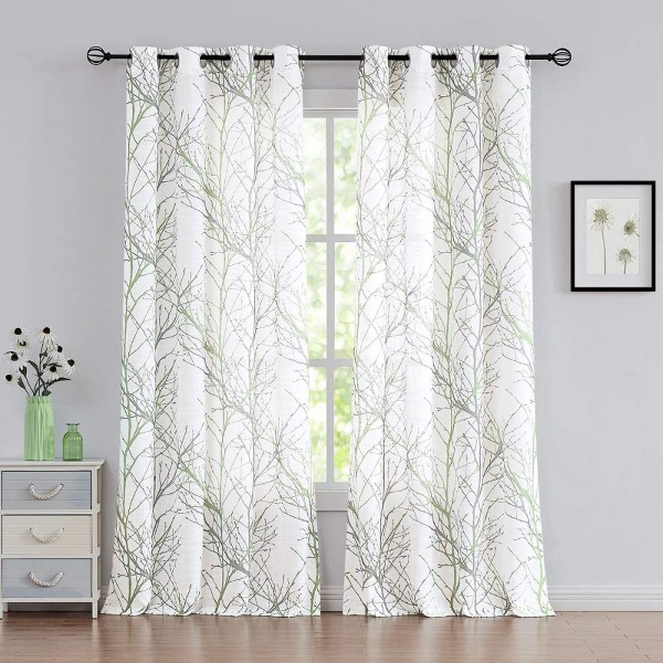 Elegant Window Treatment Modern Living Room Bedroom Kitchen Green White Semi-Sheer Linen Textured Curtains