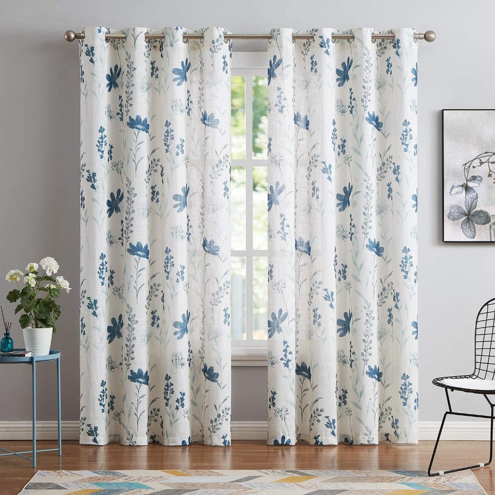 Printed Sheer Curtains Linen Textured for Living Room Floral Leaf Design Farmhouse Style Window Panel Drapes Set Grommet Treatment Featured Image