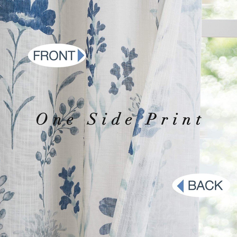 Printed Sheer Curtains Linen Textured for Living Room Floral Leaf Design Farmhouse Style Window Panel Drapes Set Grommet Treatment