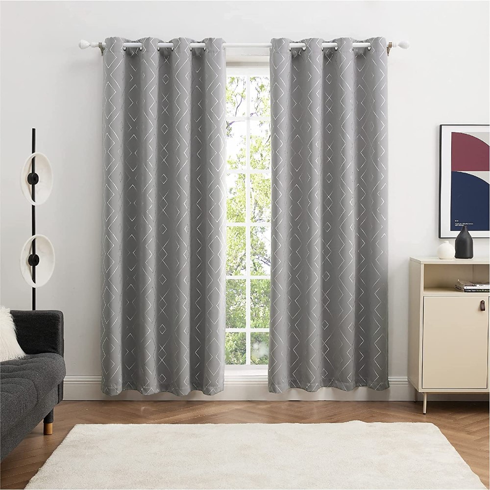 Fast delivery Perforated Curtain With Blackout Fabric - Dairui Textile Grey Blackout Curtains Thermal Insulated Curtains with Grommets Modern Patterned Rhombus Silver Printed Curtains – DAIRUI