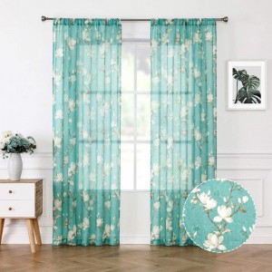 Floral Turquoise Sheer Curtain Flower Print Vine Embroidery Bedroom Curtains Rod Pocket Voile Window Curtain for Living Room