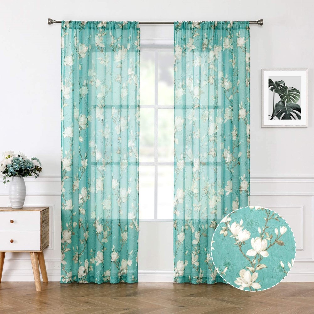 OEM Manufacturer Sheer Curtains With Attached Valance - Floral Turquoise Sheer Curtain Flower Print Vine Embroidery Bedroom Curtains Rod Pocket Voile Window Curtain for Living Room – DAIRUI