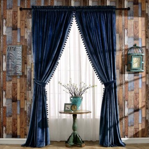Dairui Textile Royal Blue Velvet Curtain for Bedroom Set of 2 Pom Pom Velvet Blackout Lined Thermal Insulated Rod Pocket Curtains
