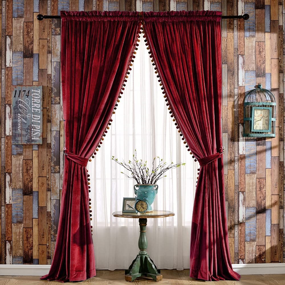 Dairui Textile Red Velvet Curtain 52 by 96 Inch Set of 2 Pom Pom Velvet Thermal Insulated Rod Pocket Curtains for Bedroom Living Room