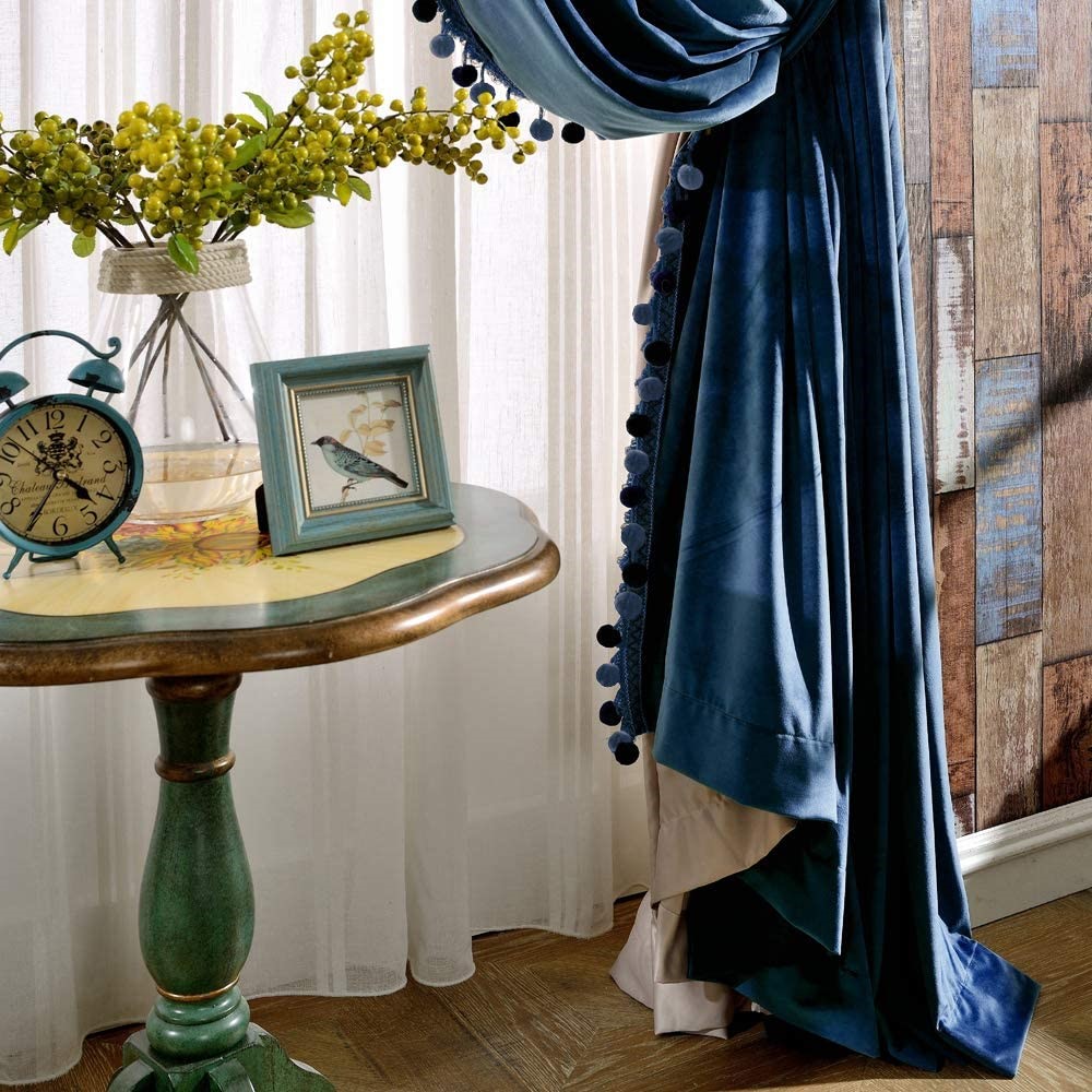 Dairui Textile Royal Blue Velvet Curtain for Bedroom Set of 2 Pom Pom Velvet Blackout Lined Thermal Insulated Rod Pocket Curtains