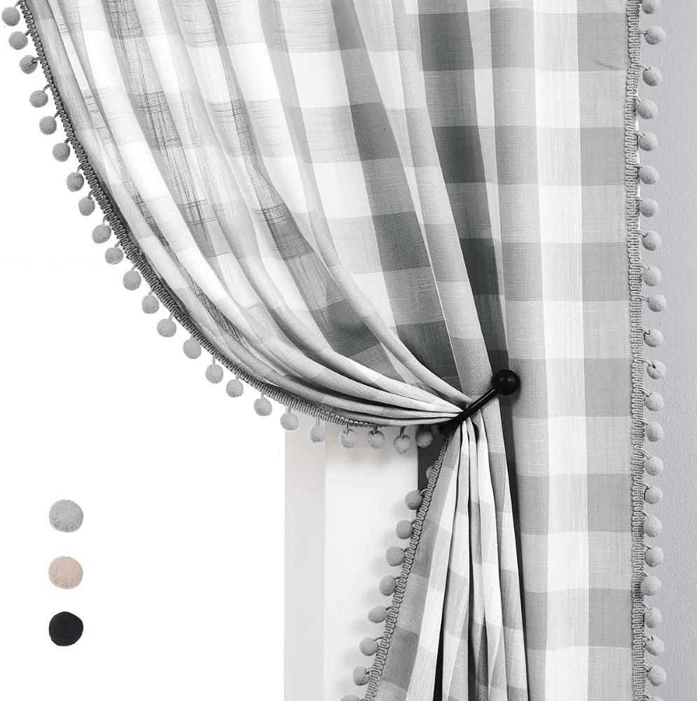 White Grey Buffalo Check Curtains  Farmhouse Gingham Linen Semi Sheer Rustic Drapes Window Treatment Sets for Living Room Bedroom