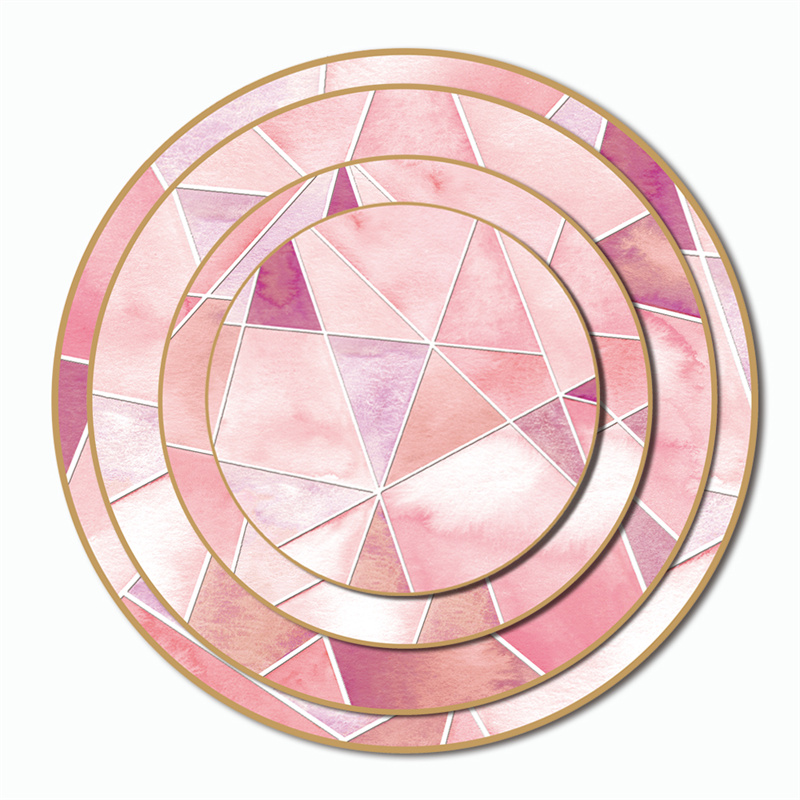China wholesale Rose Gold Ceramic Plates - Pink dreamy geometric pattern gold rimmed bone china ceramic plate set – Liou