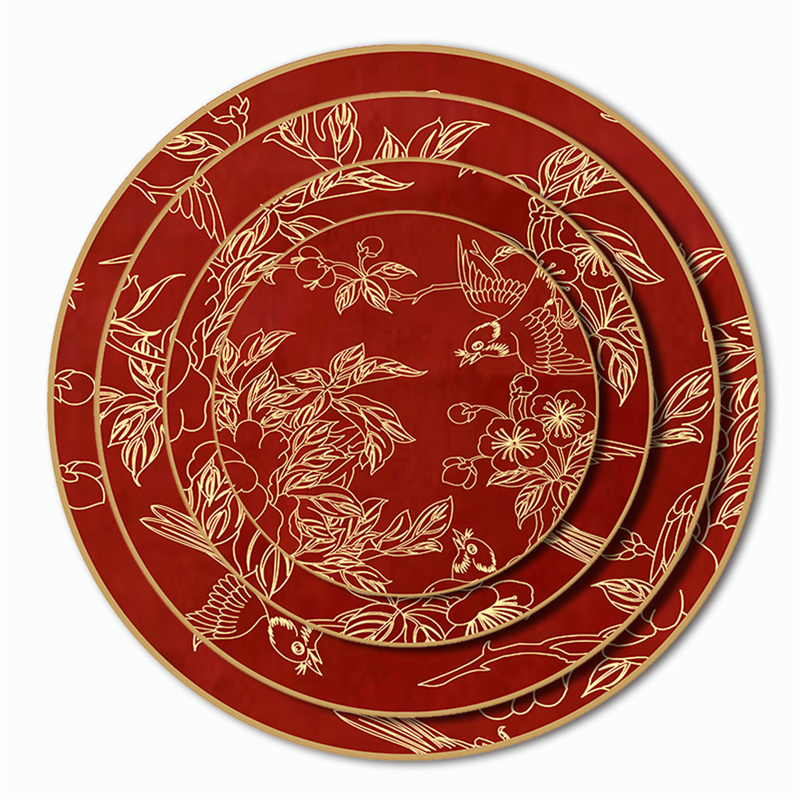 Wholesale canary pattern gold rimmed red bone china ceramic plate set Featured Image