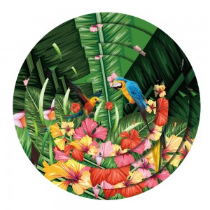 Grosir piring pengisi daya porselen tulang hijau diatur dengan pola burung beo dan bunga