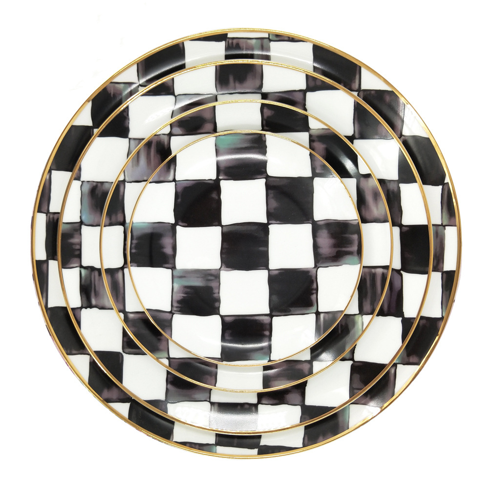 Factory For Solid Color Ceramic Plates - New designed checkerboard pattern bone china porcelain set wedding ceramic plates – Liou