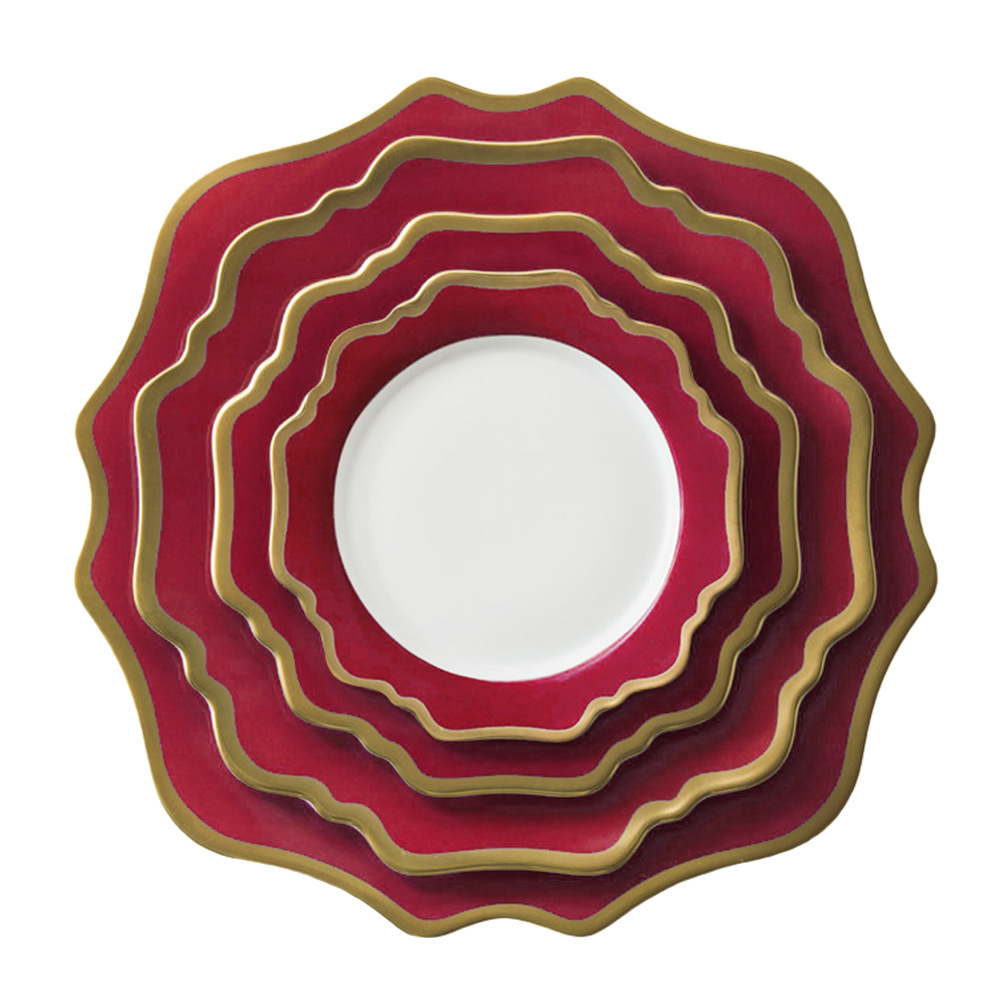 Good User Reputation for Blank Ceramic Plates - Hot selling red sun flower gold rim bone china ceramic charger plates for wedding – Liou