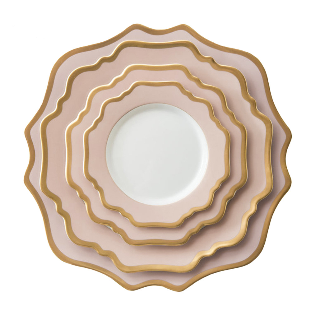 Chinese Professional Flower Shaped Ceramic Plate - Wholesale pink sun flower gold rim bone china ceramic charger plates for wedding – Liou